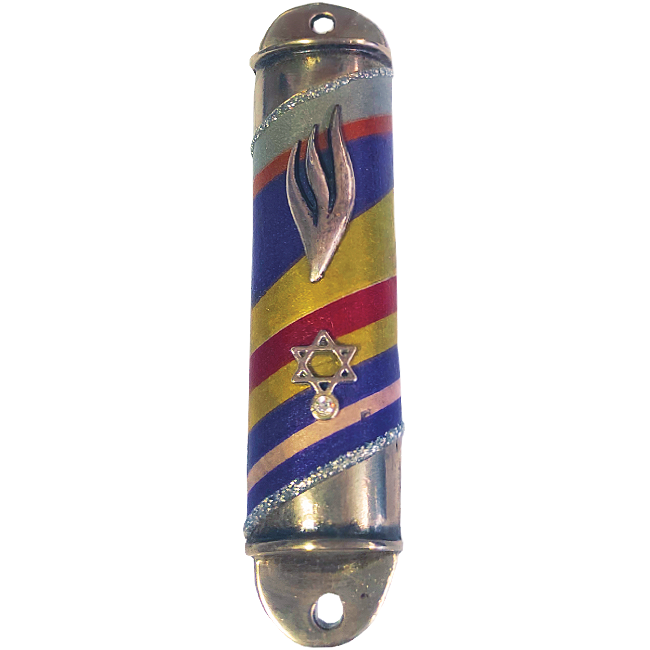Painted Purple and Yellow Pewter Mezuzah